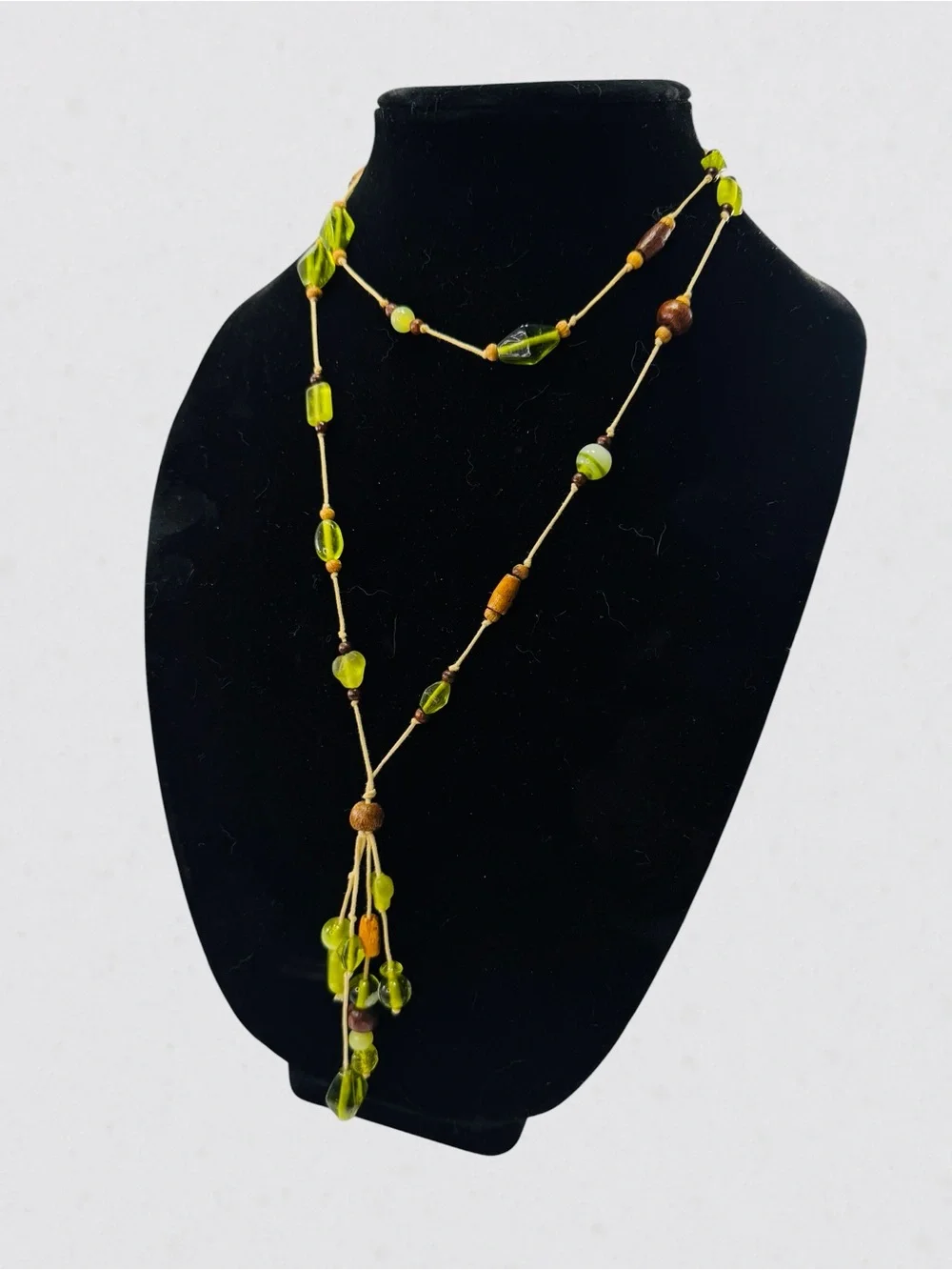 Handmade Glass Lime Green Brown Wood Bead Necklace 38” Boho Dangle Statement
